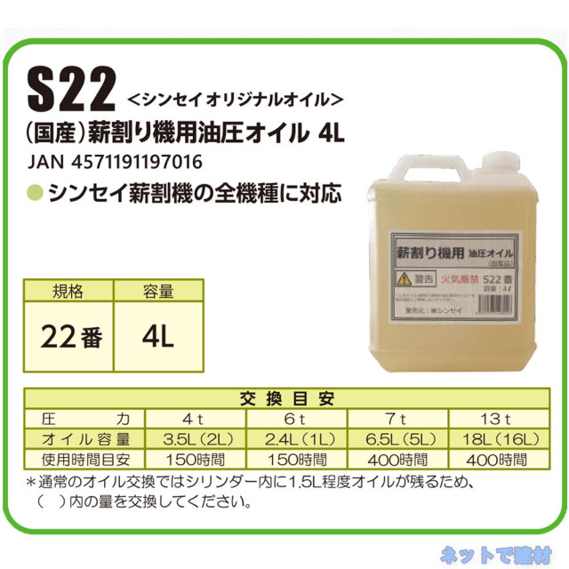 薪割り機用 油圧オイル S22 ノズル付き商品説明