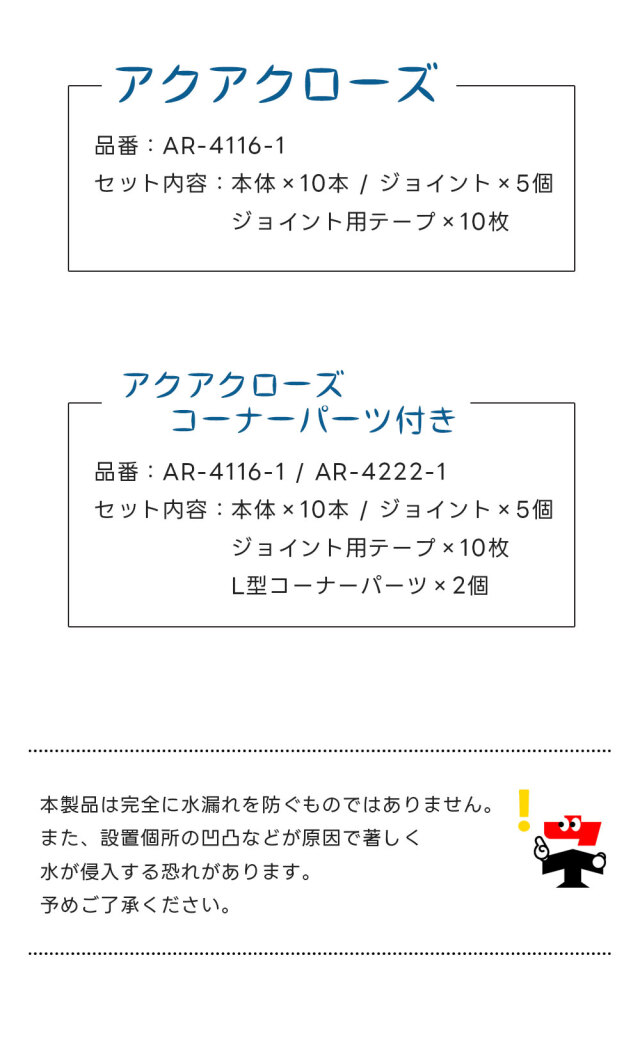 アクアクローズ 雨水進入防止材セット AR-4116-1 長さ10m分 荷揚げ開口 階段周辺 浸水対策 arao アラオ