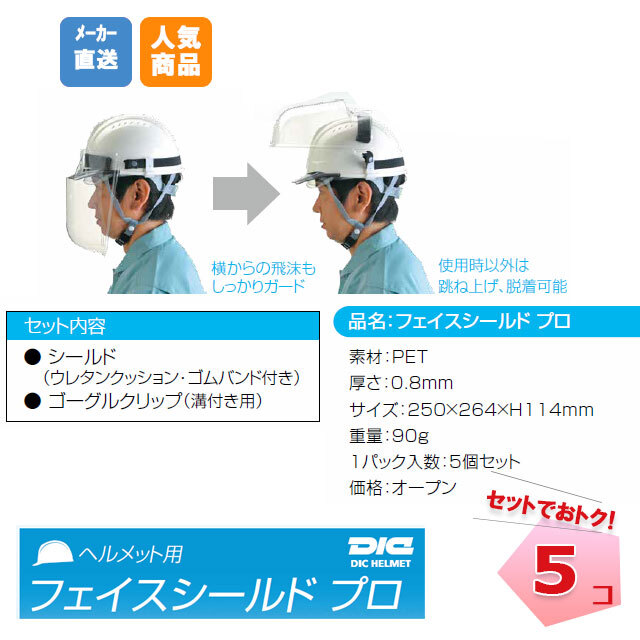 フェイスシールドプロ PRO ヘルメット用 マスク 5コセット フェイス