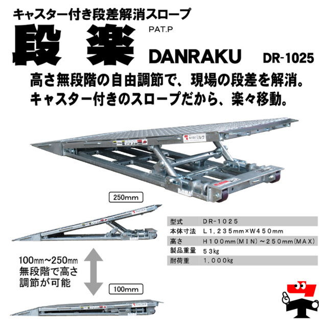 キャスター付き段差解消スロープ 段楽 DR-1025 1台 マルサ 無段階調節