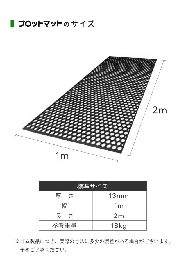 プロットマット 穴あき 厚さ13mm 1ｍ×2ｍ 篠田ゴム 幅1000mm×長さ2000mm 黒 ブラック ゴムマット
