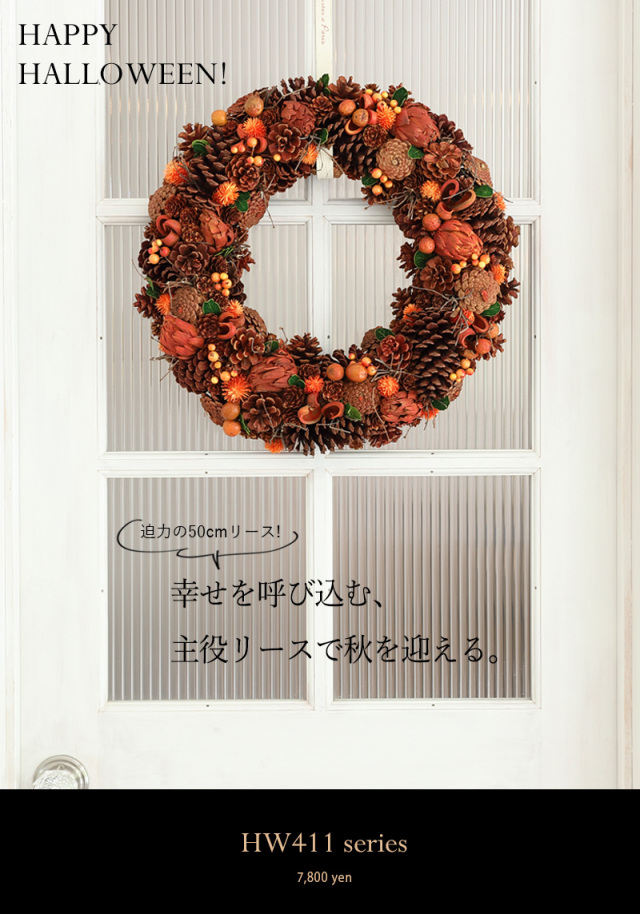 オータムリースHW411約50cm/ハロウィン/秋/ドライリース/ナチュラル