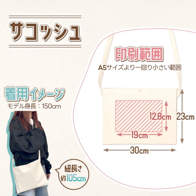 「サコッシュ」の印刷範囲と着用イメージ