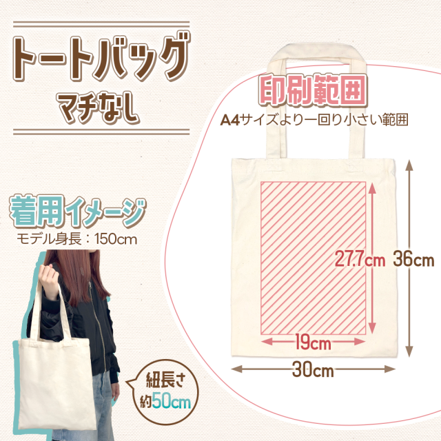 「トートバッグ マチなし」の印刷範囲と着用イメージ