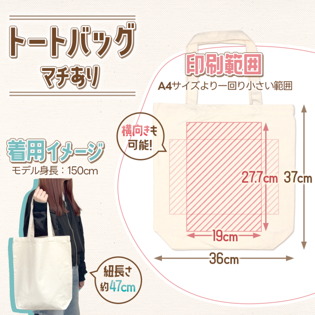 「トートバッグ マチあり」の印刷範囲と着用イメージ