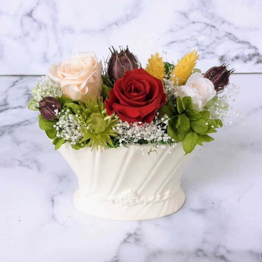 プリザーブドフラワー白陶器（赤・ベージュ）◆504-08　送料込！