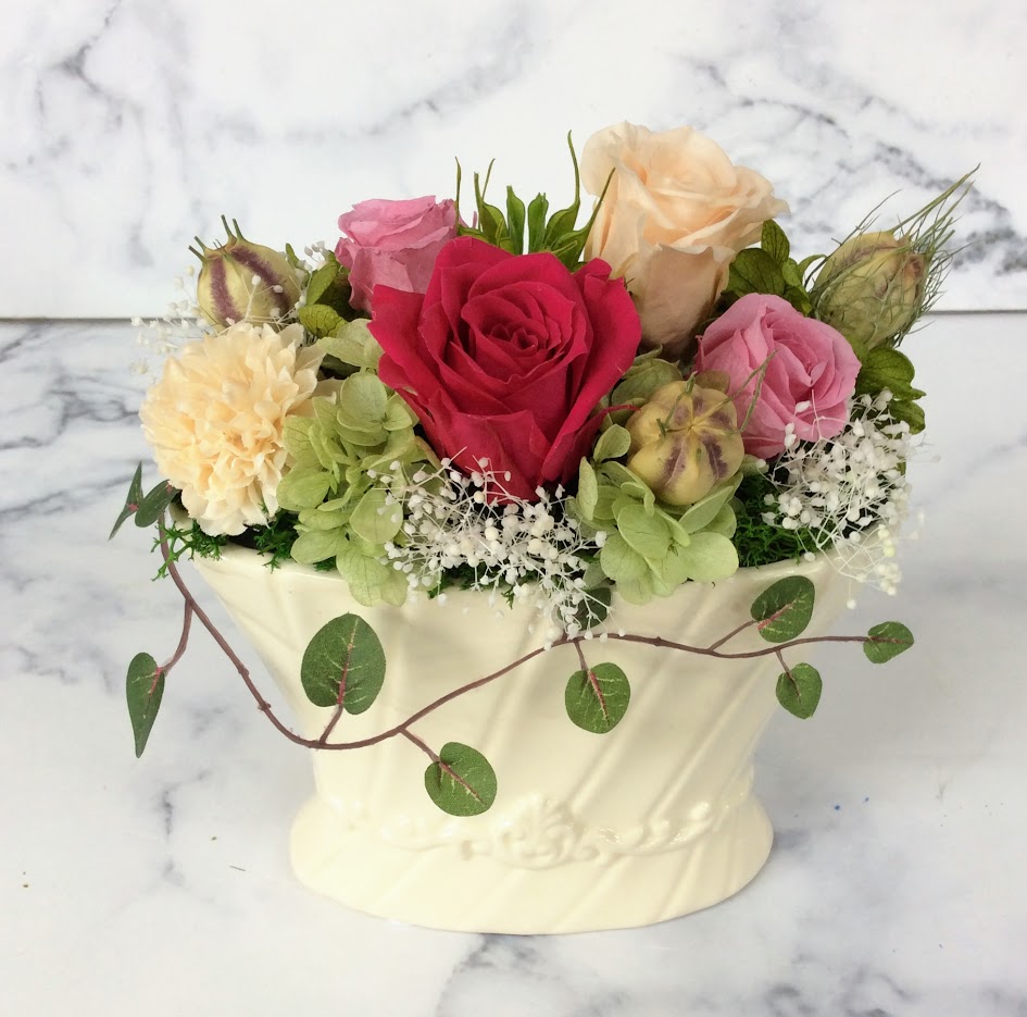 プリザーブドフラワー白陶器（赤・ベージュ）◆504-09　送料込！