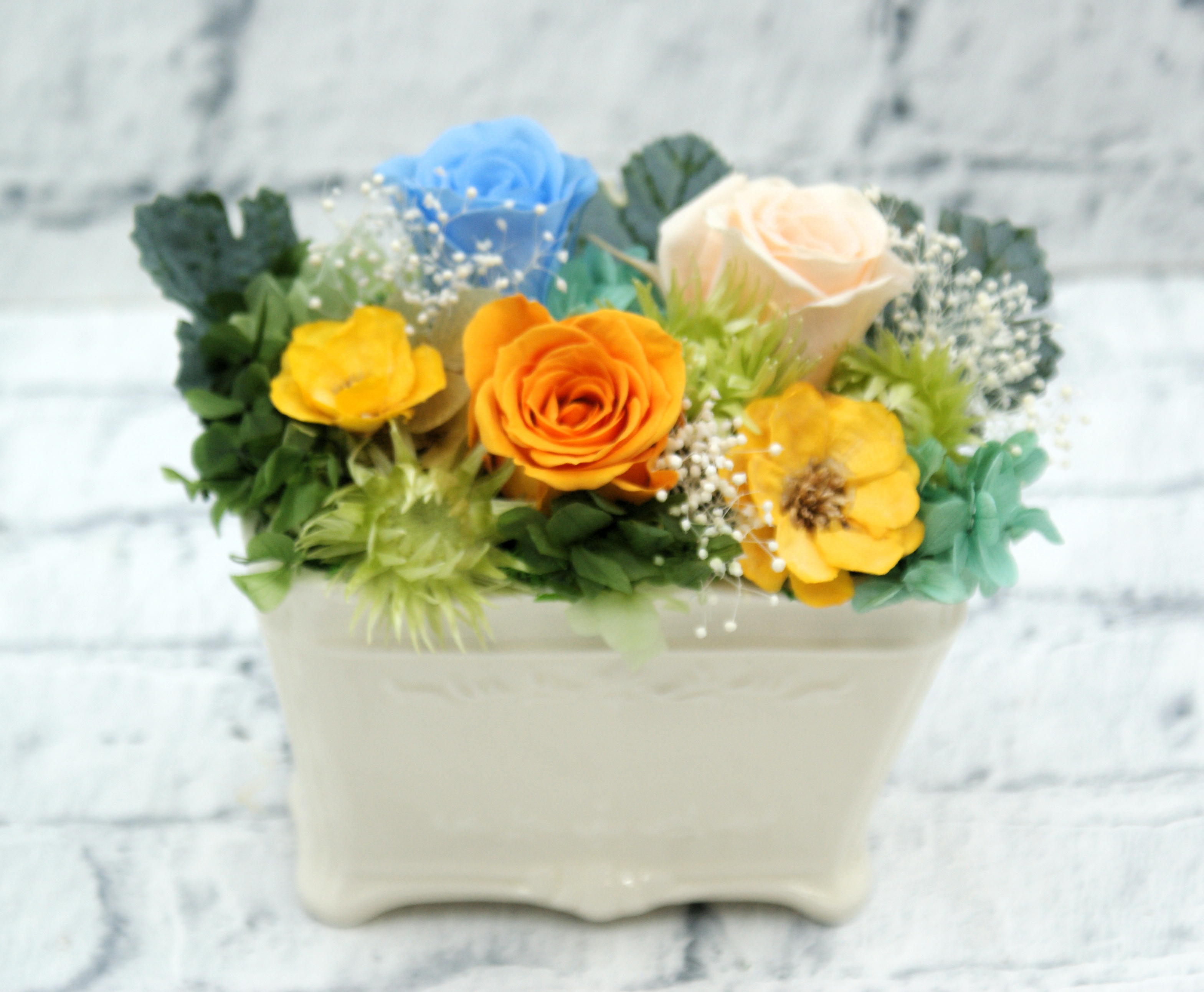 プリザーブドフラワー白陶器（青・ベージュ・オレンジ）◆504-13　送料込み