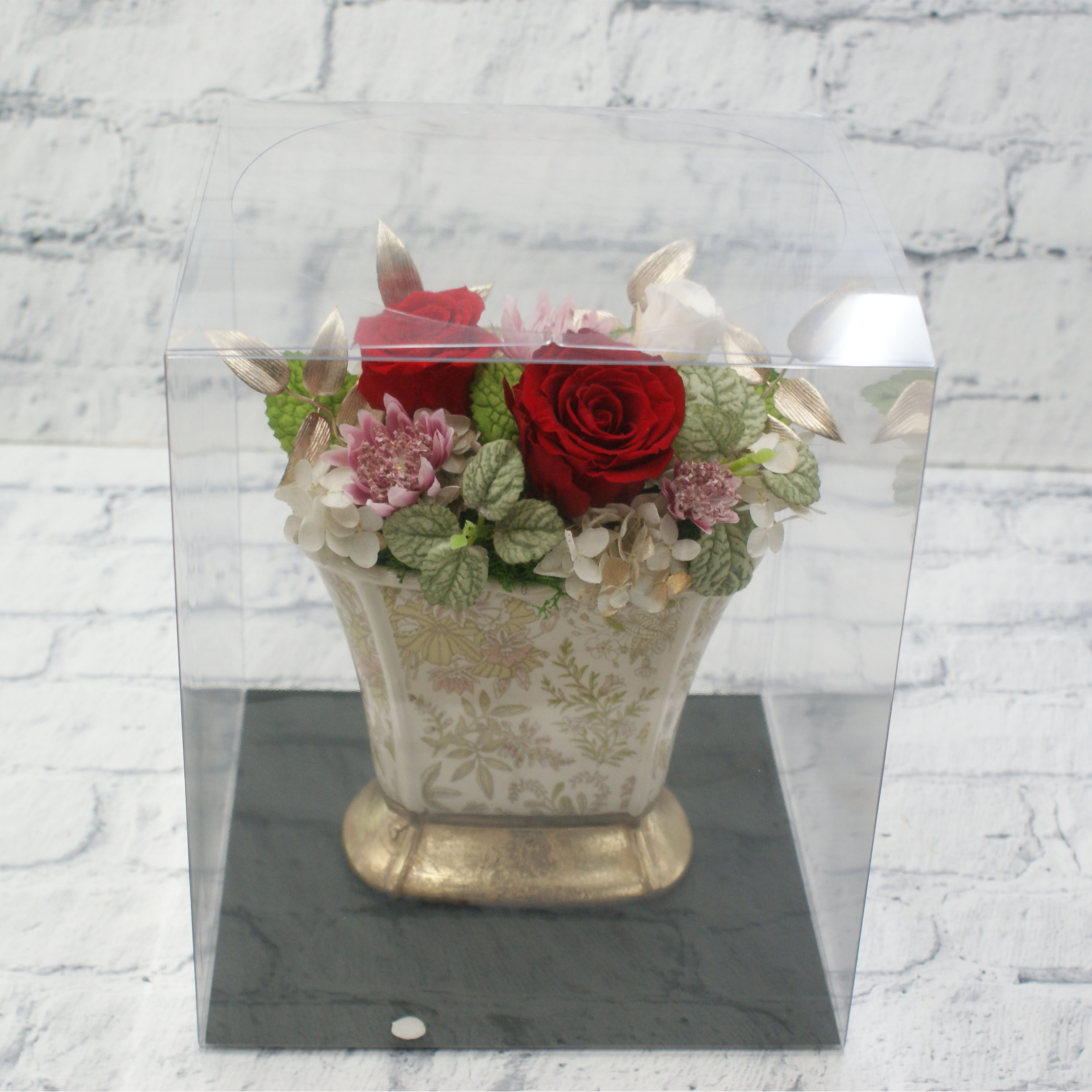 プリザーブドフラワー白花柄陶器（赤・白）◆508-13　送料込！