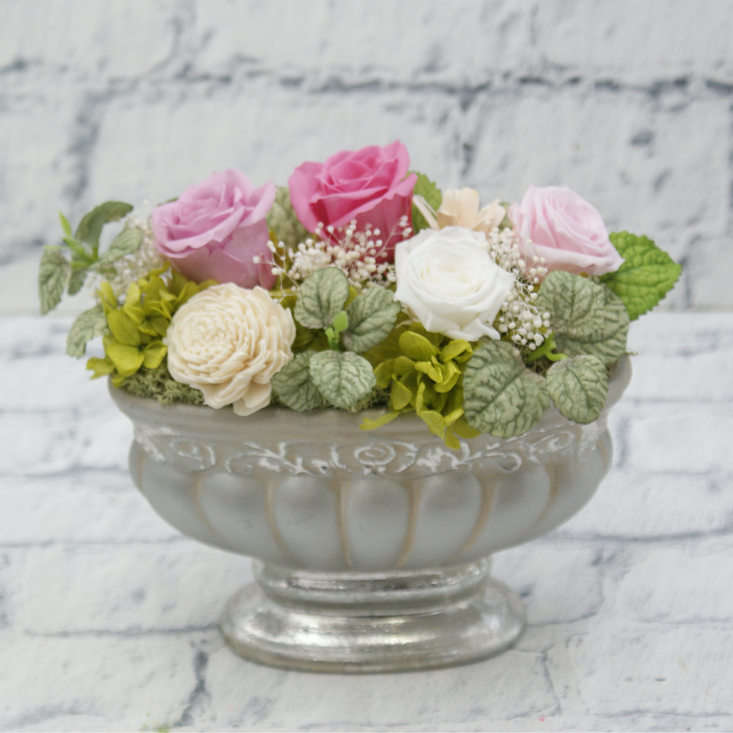 プリザーブドフラワーシルバー陶器（ピンク・白）◆508-16　送料込！