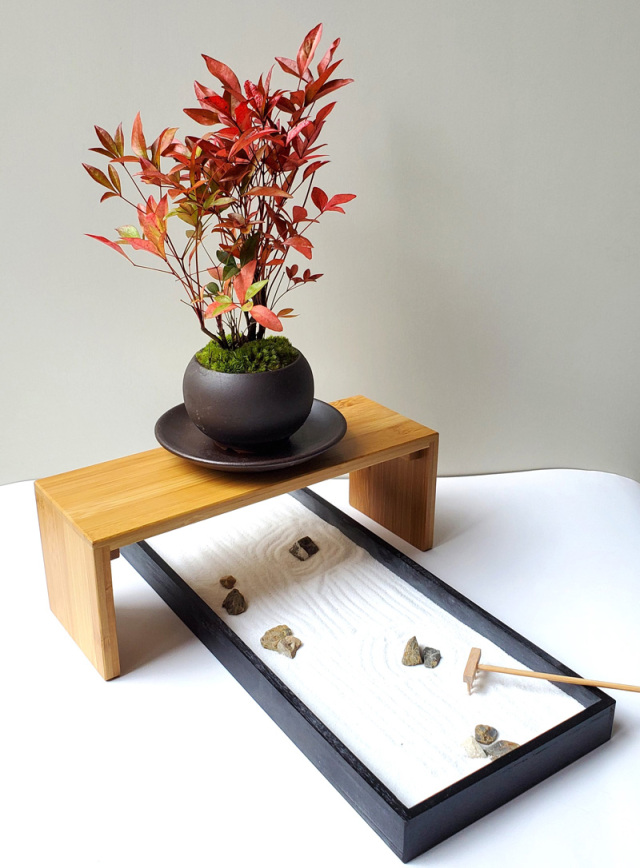 龍安寺で紅葉を楽しむ～枯山水（龍安寺）+南天盆栽・下皿・天然孟宗竹