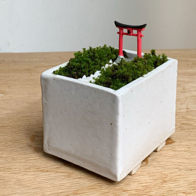 苔盆栽 【神域への入り口】万古焼創作角鉢 鳥居 神社 神様 苔