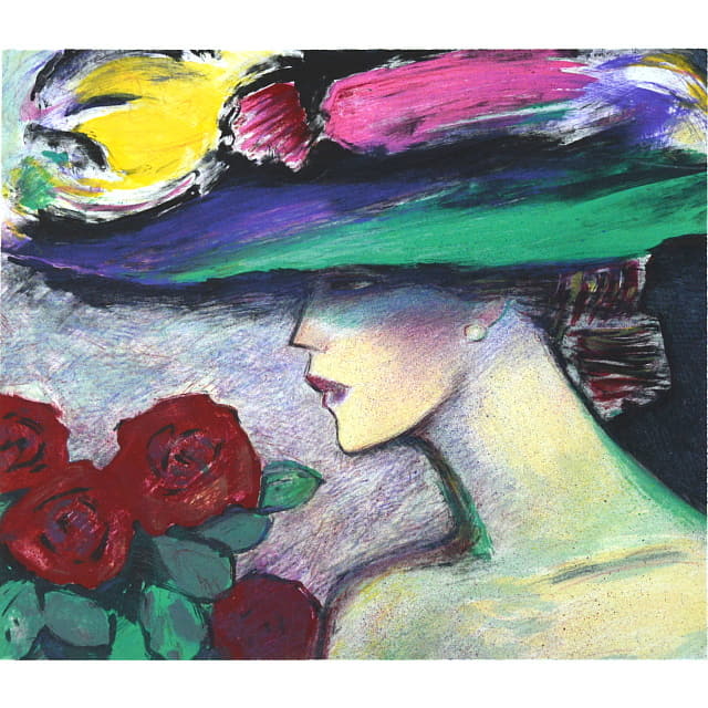 カシニョール「アリアンヌ」リトグラフ版画。大きな帽子をかぶった美しい女性の横顔。赤いバラが描かれています。