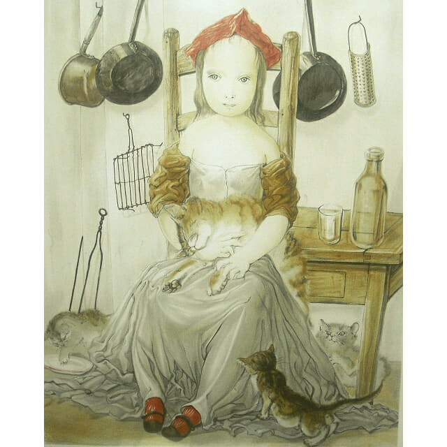 藤田嗣治 レオナルド・フジタ FOUJITA リトグラフ 台所の少女と猫 ...