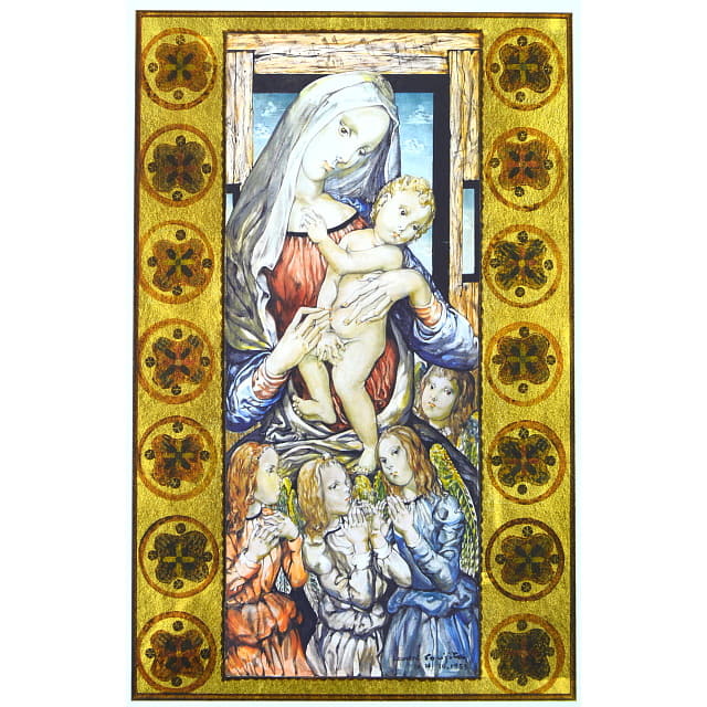 藤田嗣治「聖母子」ミクストメディア・本金箔　慈愛に満ちた眼差しの優美な聖母子の絵