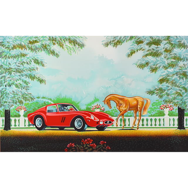 フランソワーズ・ド・ゲイル　Francoise de Gail 「ル・カバリエ」　オリジナル・リトグラフ 　赤いスポーツカーと馬が描かれた風景画