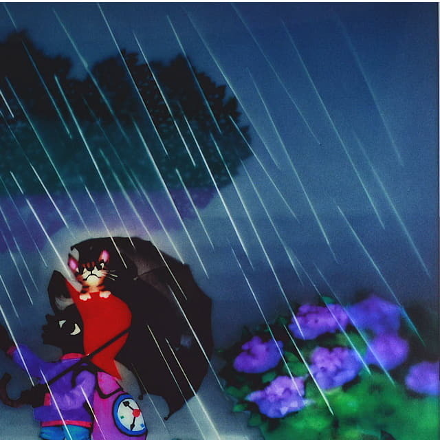 藤城清治「あじさいと少年」リトグラフ　直筆サイン入り　部分拡大　右上