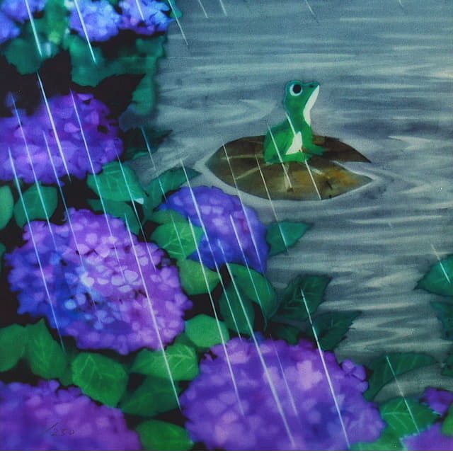 藤城清治「あじさいと少年」リトグラフ　直筆サイン入り　部分拡大　左下,日本　は行