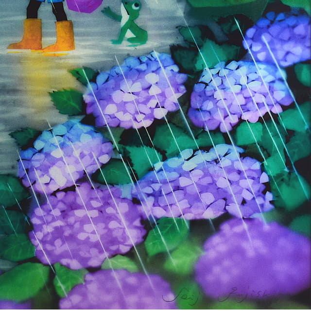 藤城清治「あじさいと少年」リトグラフ　直筆サイン入り　部分拡大　右下