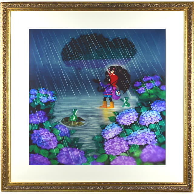 藤城清治「あじさいと少年」 リトグラフDX　額縁付。雨の中に咲くあじさいと傘の花。やさしく幻想的な絵です。