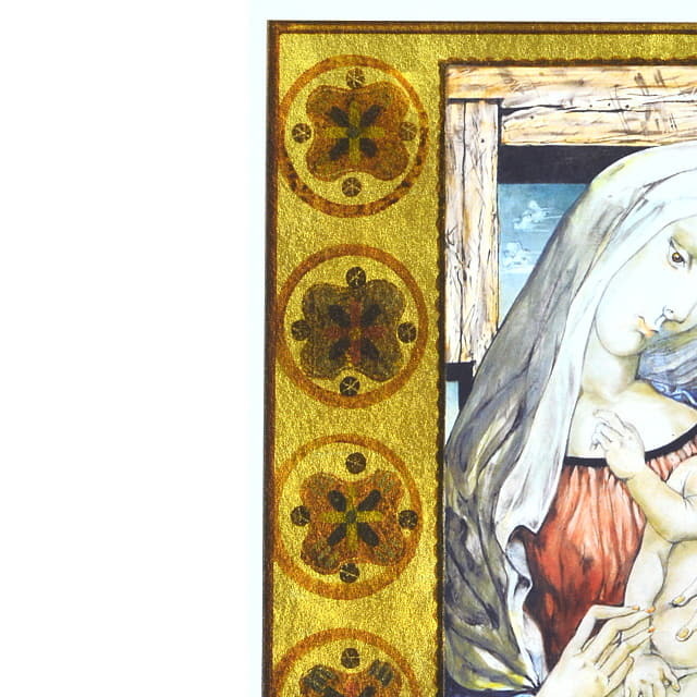 藤田嗣治「聖母子」ミクストメディア・本金箔　部分拡大　左上