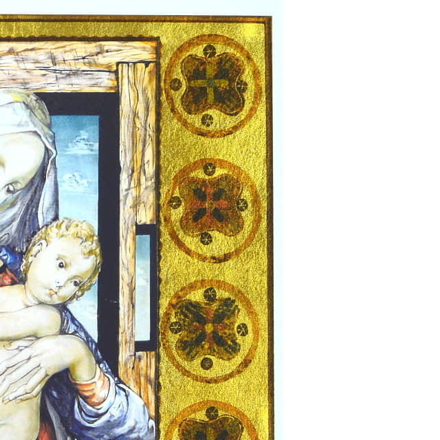 藤田嗣治「聖母子」ミクストメディア・本金箔　部分拡大　右上