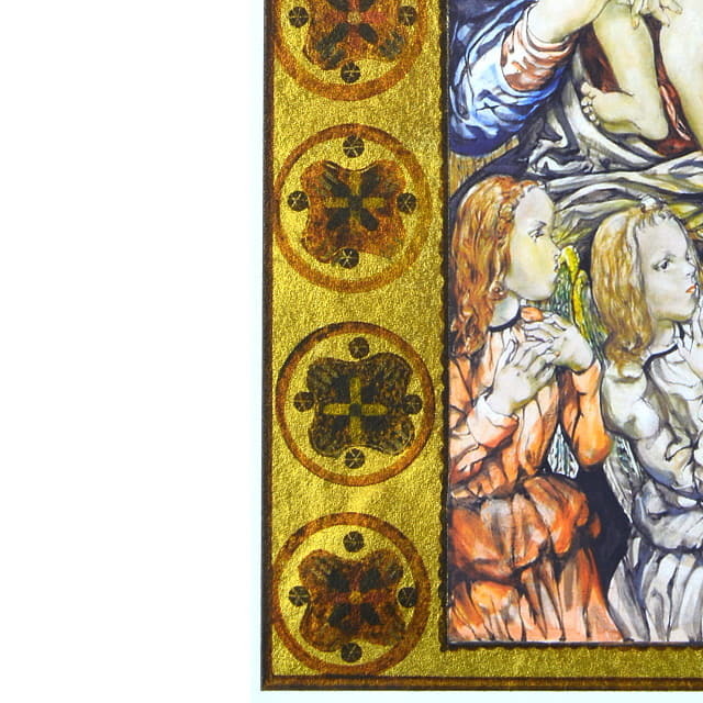 藤田嗣治「聖母子」ミクストメディア・本金箔　部分拡大　左下