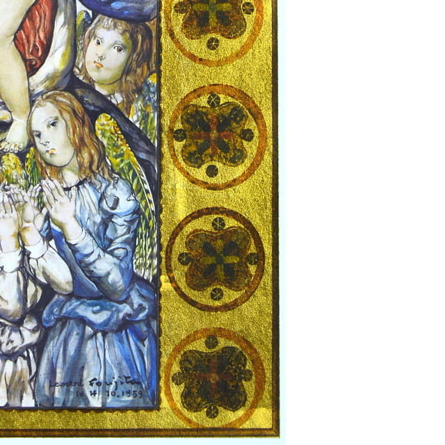 藤田嗣治「聖母子」ミクストメディア・本金箔　部分拡大　右下