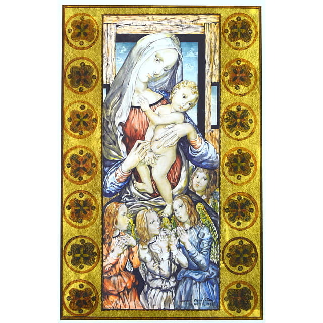 藤田嗣治「聖母子」ミクストメディア・本金箔　慈愛に満ちた眼差しの優美な聖母子の絵