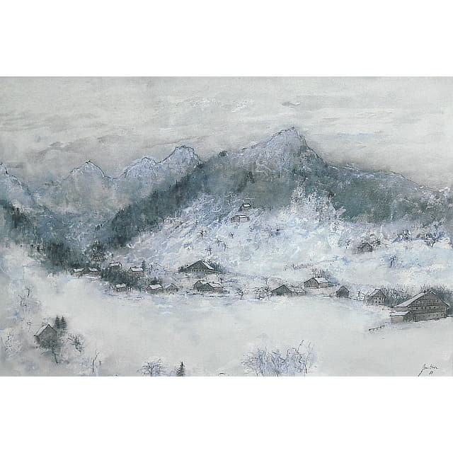 ガントナー　水彩画　アルプスの雪 ヨーロッパの冬の湖と山を描いた風景画です