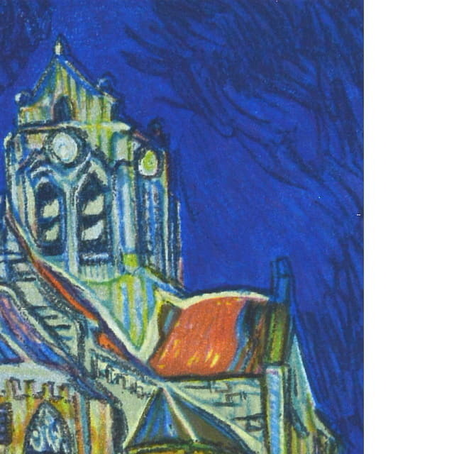 ゴッホ　オーヴェルの教会　複製画　部分拡大　右上