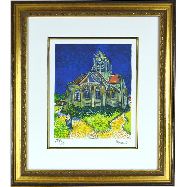 ゴッホ　オーヴェルの教会　複製画　リトグラフ　額付 　原画所蔵　オルセー美術館
