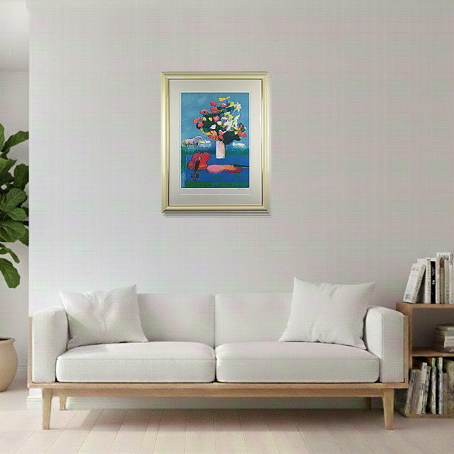 ポールギヤマン【バイオリンと花束】 ポール・ギヤマン「青いテーブルのバイオリンと花束」リトグラフ