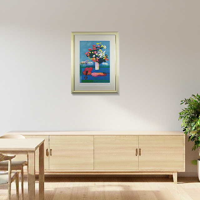 ポール・ギヤマン「青いテーブルのバイオリンと花束」リトグラフ