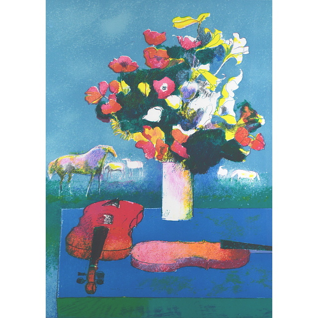 ポール・ギャマン　青いテーブルのヴァイオリンと花束　リトグラフ　背景に白い馬が描かれたの絵