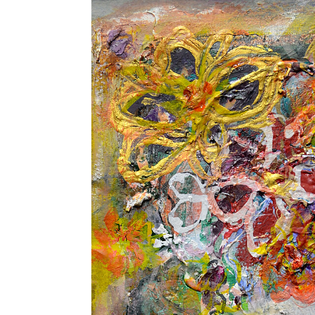 平林美奈子　絵画　まどかなる宙に咲いて　ミクストメディア　2号　部分拡大（左上）