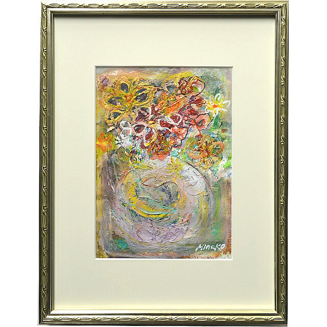 平林美奈子　絵画　まどかなる宙に咲いて　ミクストメディア　2号 額付き