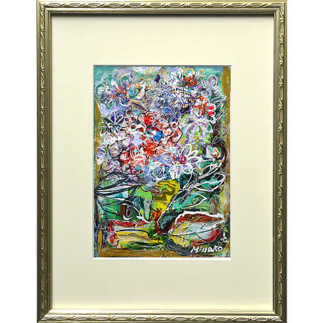 平林美奈子　絵画　おしゃべりな花　ミクストメディア　2号 額付き