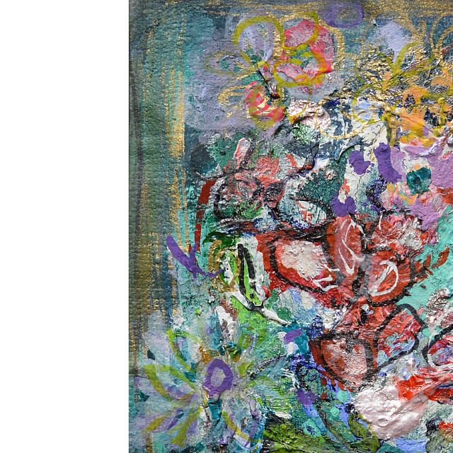 平林美奈子　絵画　私の側に飾られて?　ミクストメディア　2号　部分拡大（左上）