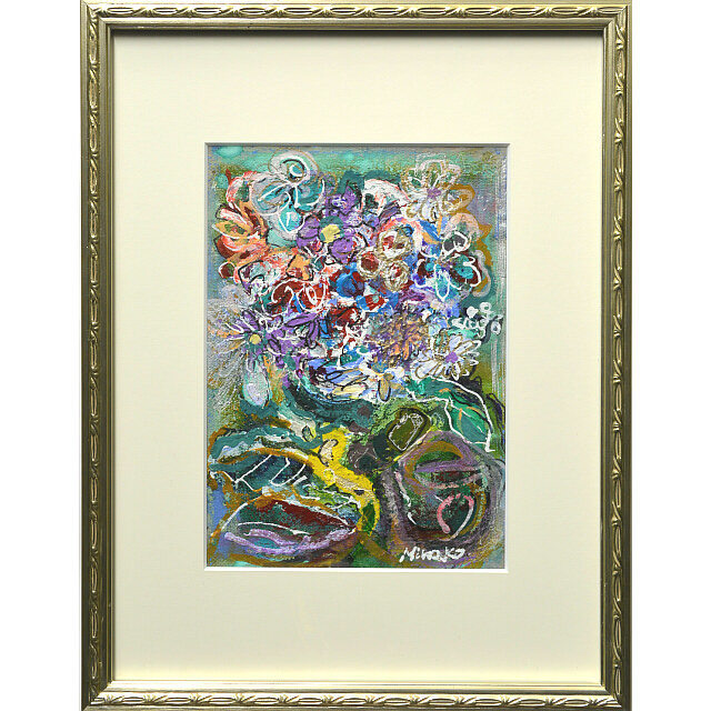 平林美奈子　絵画　私の側に飾られて?　ミクストメディア　2号 額付き