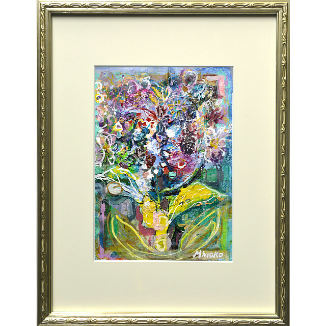 平林美奈子　絵画　柔らかい雨に　ミクストメディア　2号 額付き