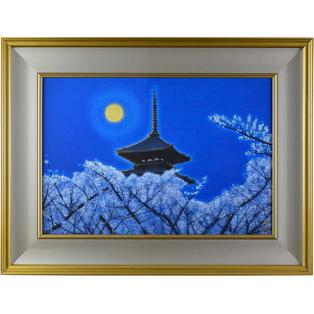 平山郁夫　仁和寺月華 複製版画。豪華額縁付。月明りに照らされた京都のお寺、桜の風景画。