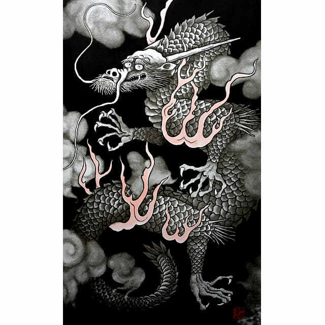 小泉淳作「雲龍」銅版画。5本爪の黒龍の作品。炎の赤い部分は手彩色。