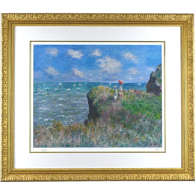モネ　プールヴィルの断崖の上の散歩　複製画　ピエゾグラフ　額付　北フランスの海、崖の上の草原をふたりの女性が散歩しています