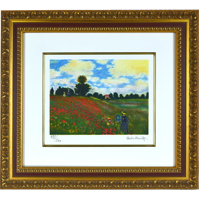 モネ　アルジャントゥイユのひなげし　複製画　リトグラフ　額付　印象派を代表する画家の作品　赤いポピーが咲く風景画