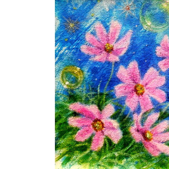 森谷紘子　油絵　コスモスの花の絵　部分拡大（左）