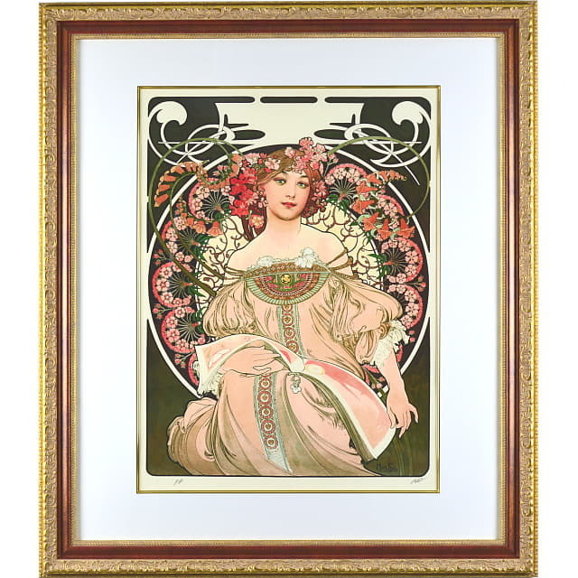 ミュシャ 夢想 複製版画。豪華額縁付。膝の上に本をのせ、華麗な花に囲まれた女性の絵。