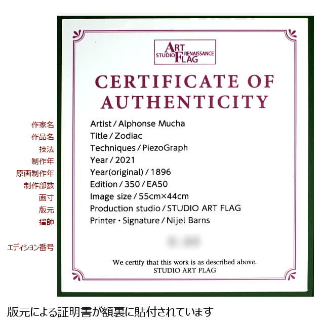ミュシャ　黄道十二宮（ゾディアック）　複製画　ピエゾグラフ　額裏に証明書が貼付されています