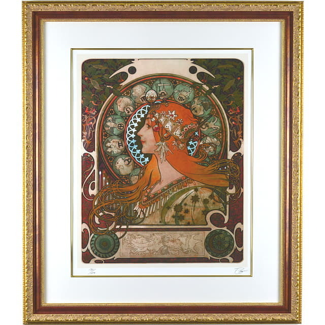 ミュシャ 黄道十二宮（ゾディアック） 複製版画。豪華額縁付。横顔の女性の背景に星座と宝石がデザインされたミュシャの代表作