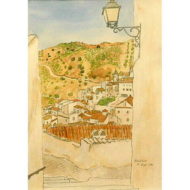 大矢邦昭の水彩、アルマチャール。南スペインの山間の村。階段の下に白い家々が立ち並んでいる。